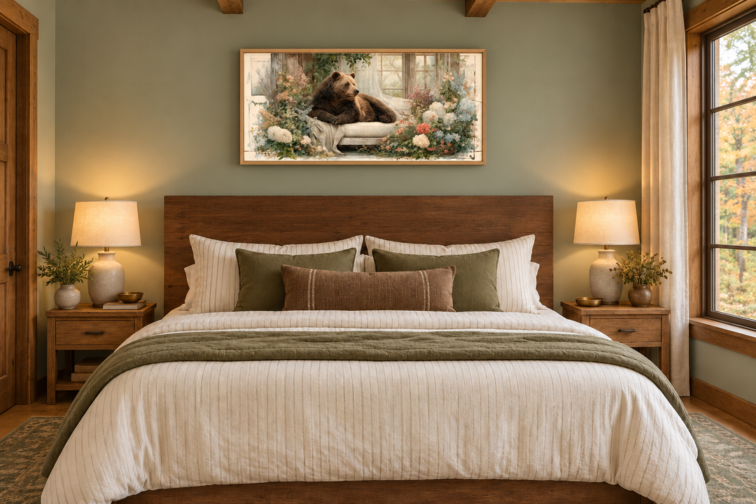 Bear on Couch Floral Canvas Wall Art in a wooden frame above a bed in a rustic bedroom.