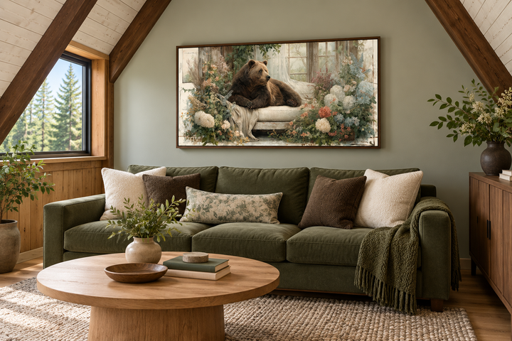 Bear on Couch Floral Canvas Wall Art in a walnut frame above a green sofa in a rustic living room.