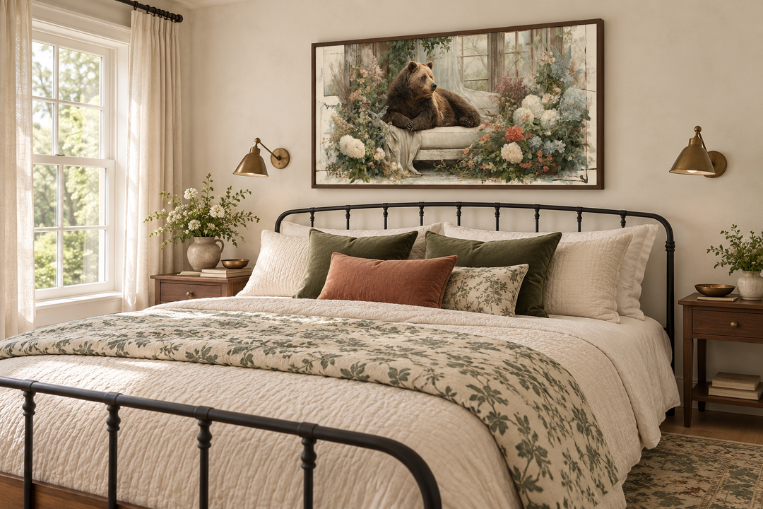 Bear on Couch Floral Canvas Wall Art in a walnut frame above a bed in a rustic farmhouse bedroom.