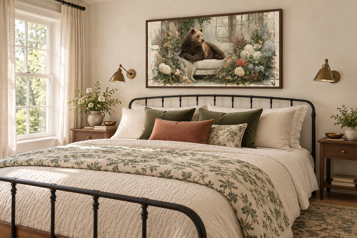 Bear on Couch Floral Canvas Wall Art in a walnut frame above a bed in a rustic farmhouse bedroom.