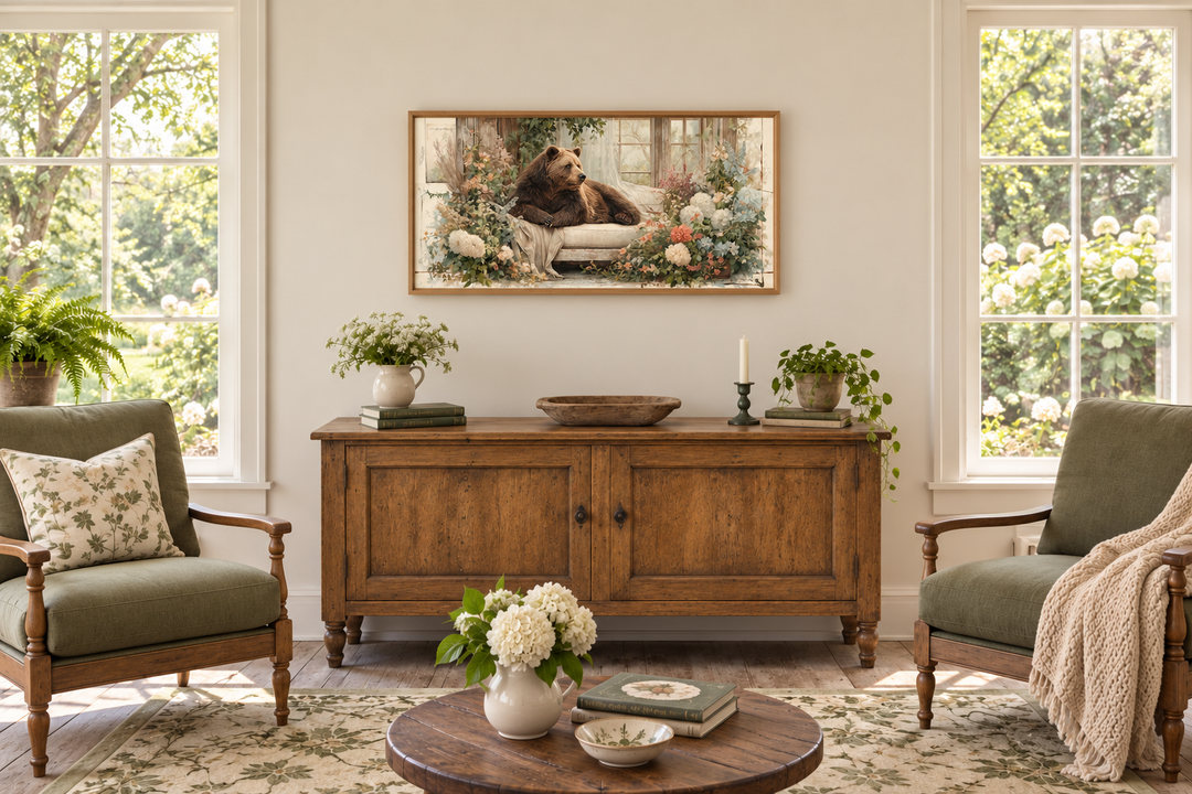 Bear on Couch Floral Canvas Wall Art in a wood frame above a rustic sideboard in a sunlit room.