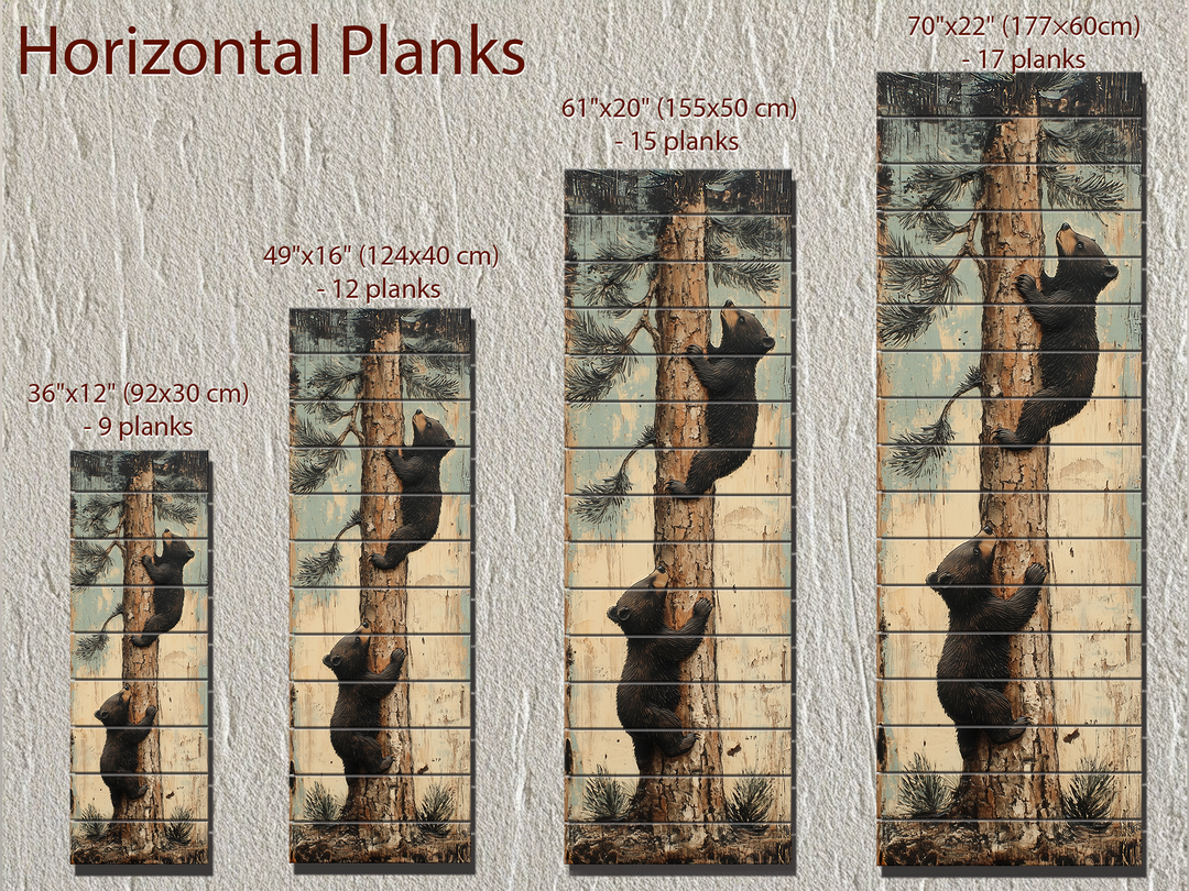 Bear Cubs Climbing Pine Tree Vertical Wood Wall Art