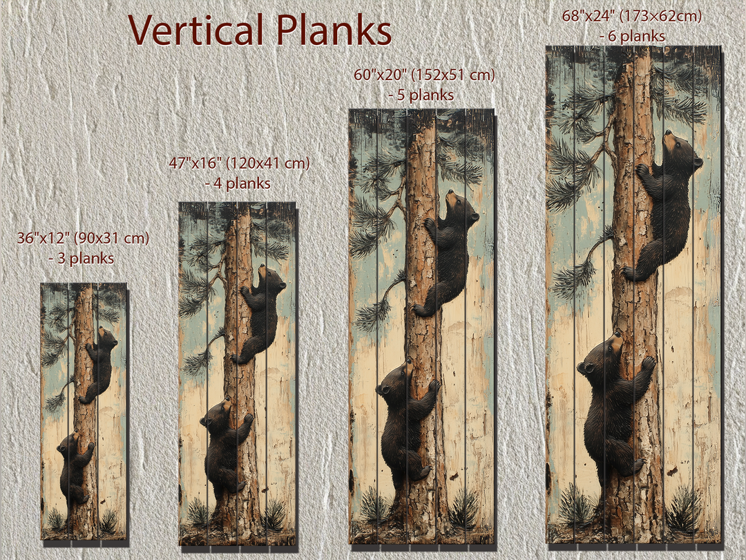 Bear Cubs Climbing Pine Tree Vertical Wood Wall Art
