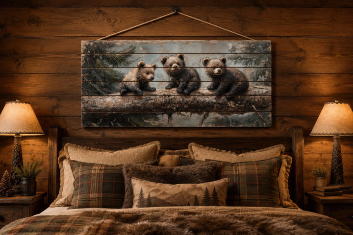 Rustic wood panel print of three bear cubs on a log, hanging above a bed in a cabin-style room.