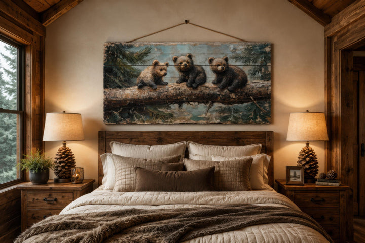 Rustic wood panel print of three bear cubs on a log, hanging above a bed in a cabin-style bedroom.