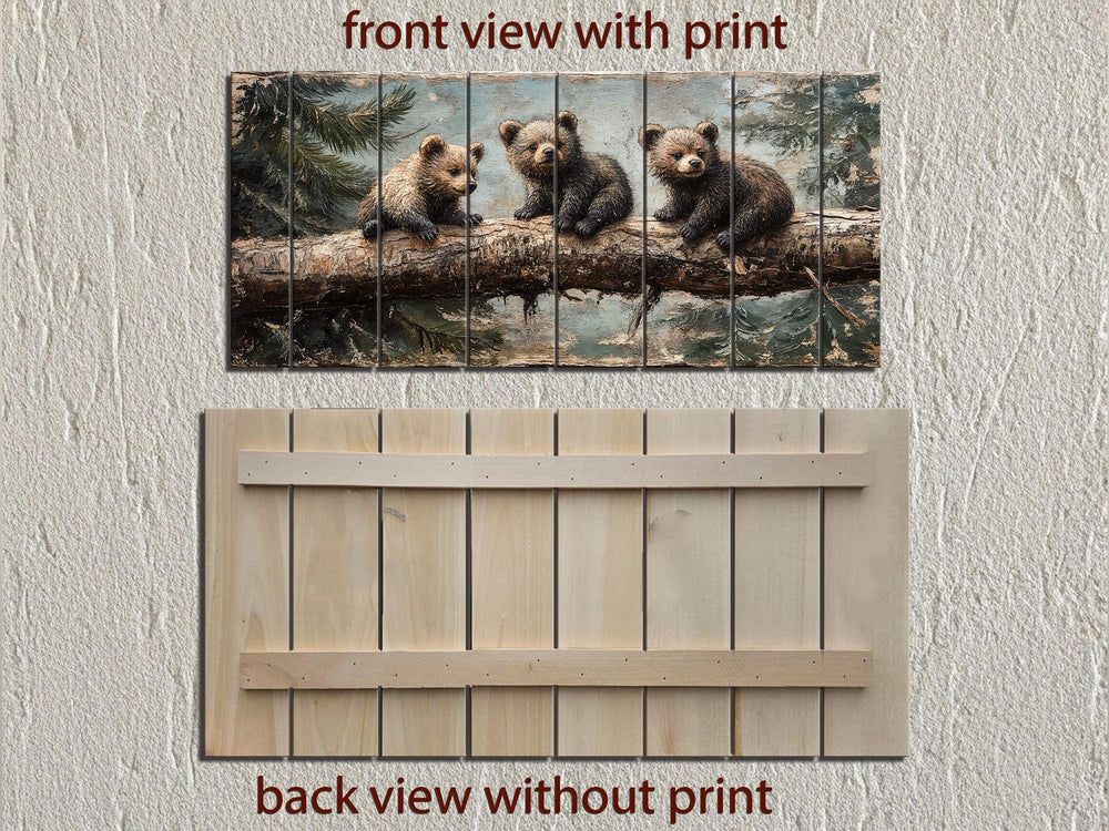 Front and back views of a rustic wood panel print featuring three bear cubs on a log.