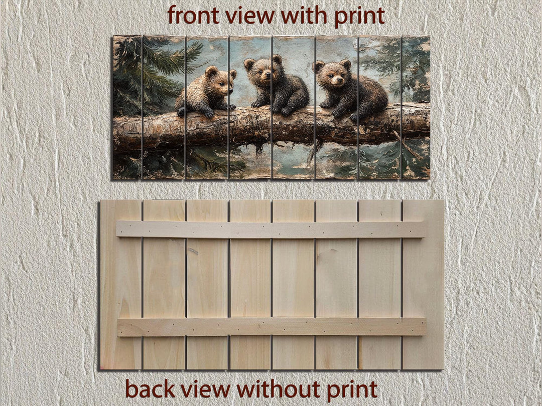 Front and back views of a rustic wood panel print featuring three bear cubs on a log.
