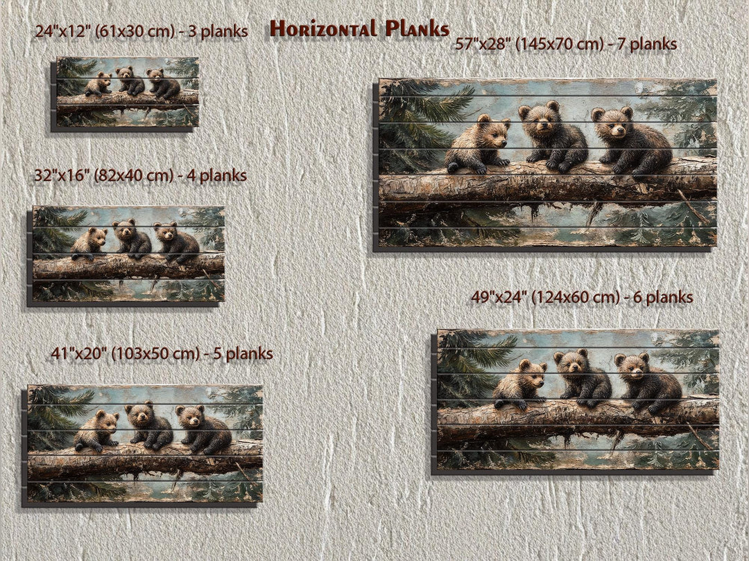 Five sizes of rustic wood panel prints featuring three bear cubs on a log in a forest setting.