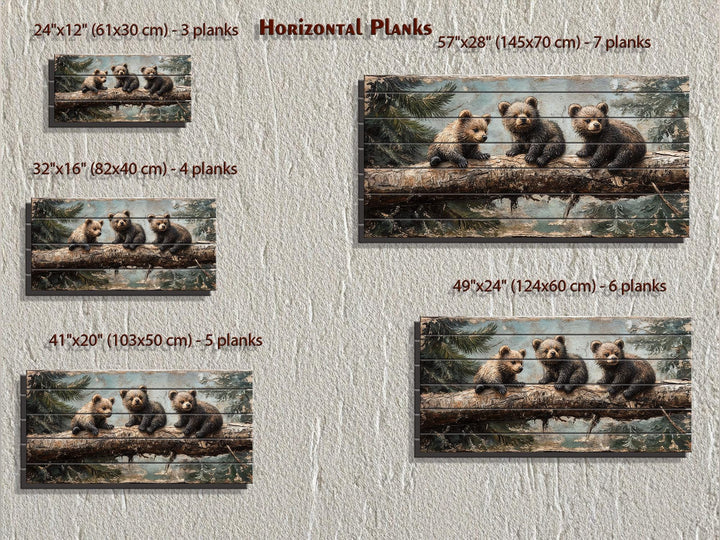 Five sizes of rustic wood panel prints featuring three bear cubs on a log in a forest setting.