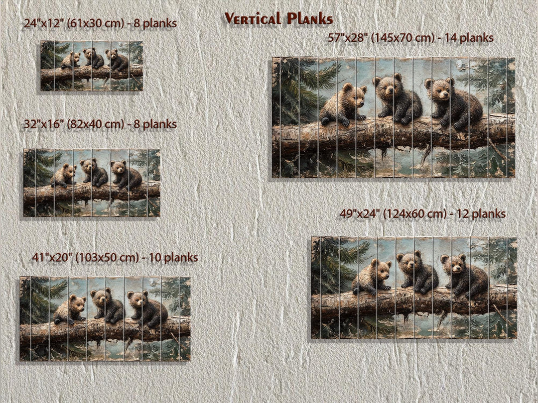 Five size options for bear cub wood panel art, ranging from 24x12 to 57x28 inches.