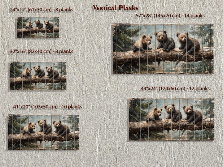 Five size options for bear cub wood panel art, ranging from 24x12 to 57x28 inches.