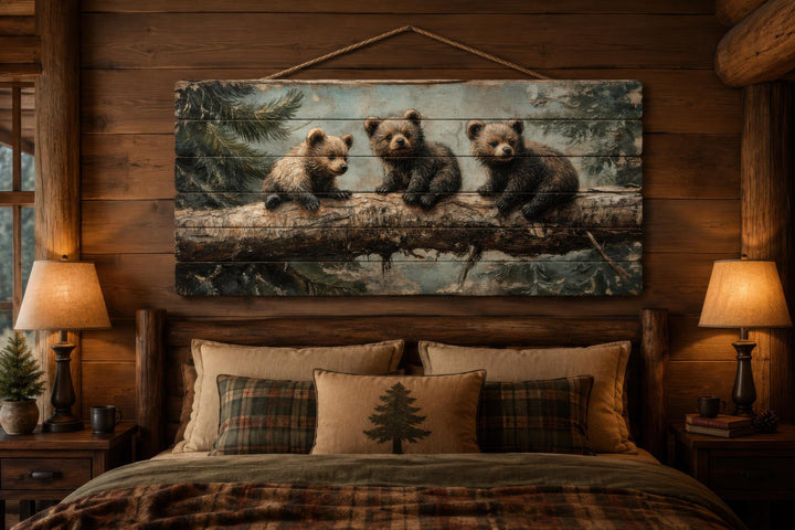 Rustic wood panel print of three bear cubs on a log, hanging above a bed in a cozy cabin bedroom.