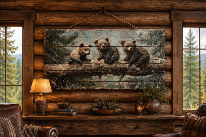 Rustic wood panel print of three bear cubs on a log, hanging in a log cabin above a wooden console.