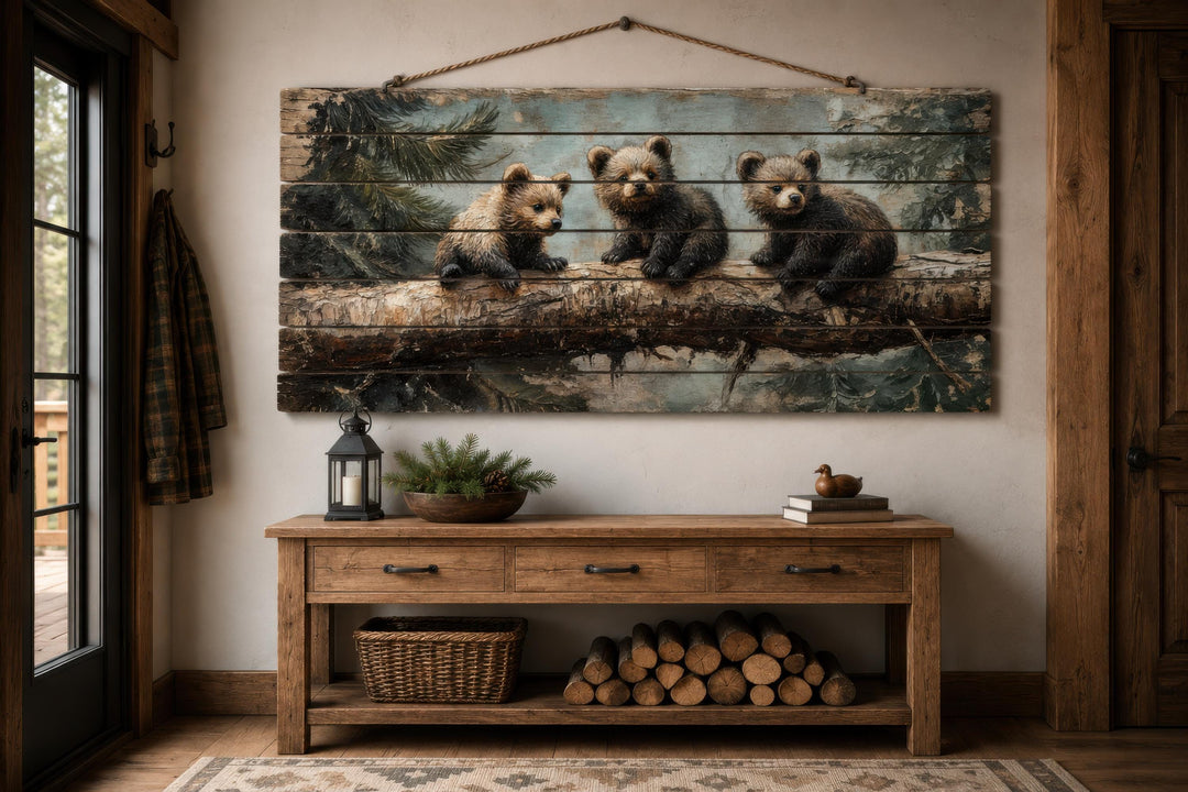 Rustic wood panel print of three bear cubs on a log, hanging above a wooden console table.
