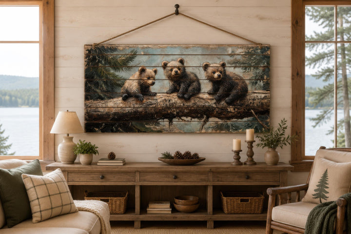 Rustic wood panel print of three bear cubs on a log, hanging in a cozy cabin living room.