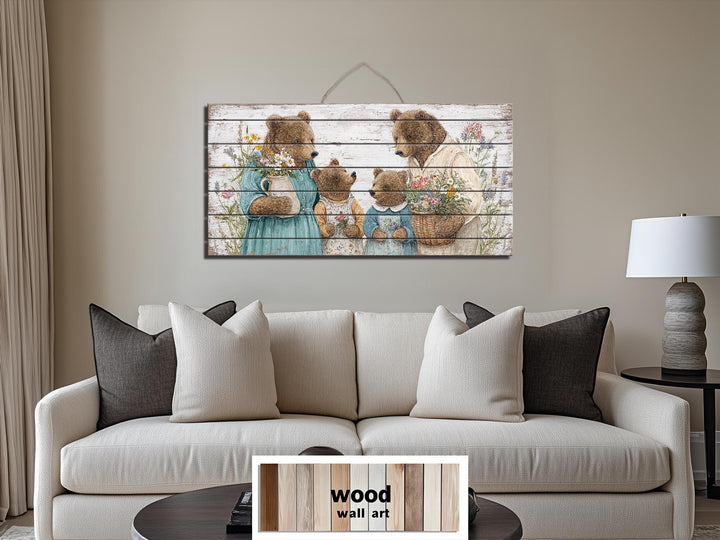 Horizontal wood wall art featuring a bear family in a soft, cottagecore nursery style.