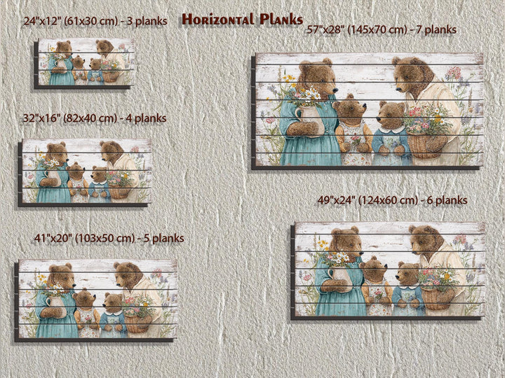 Horizontal wood wall art featuring a bear family in various sizes and plank counts for nursery decor.
