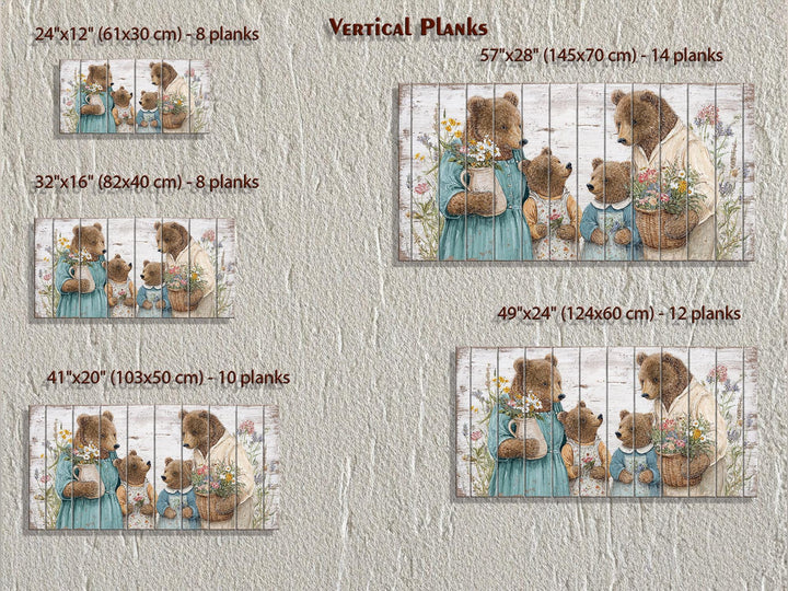 Horizontal wood wall art featuring a bear family in a cottagecore style, available in five sizes.