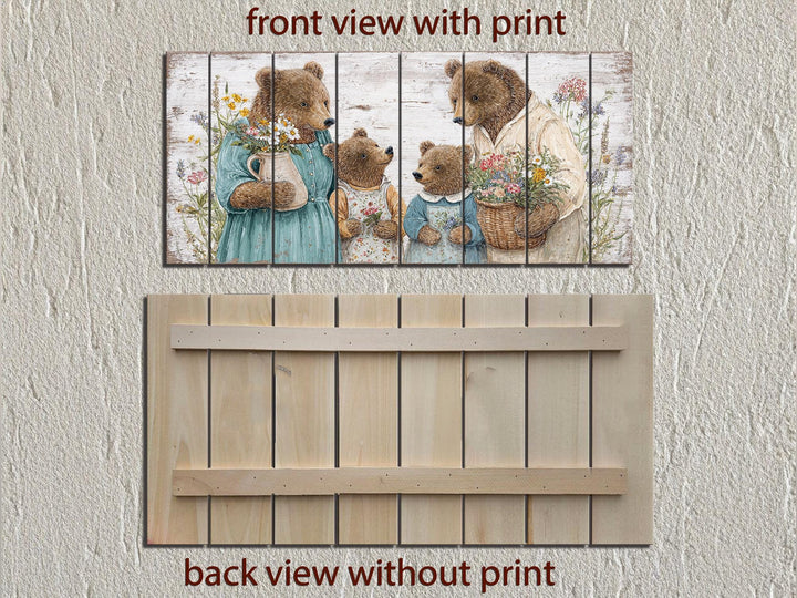 Horizontal wood wall art featuring a bear family print on the front and a natural plank back.