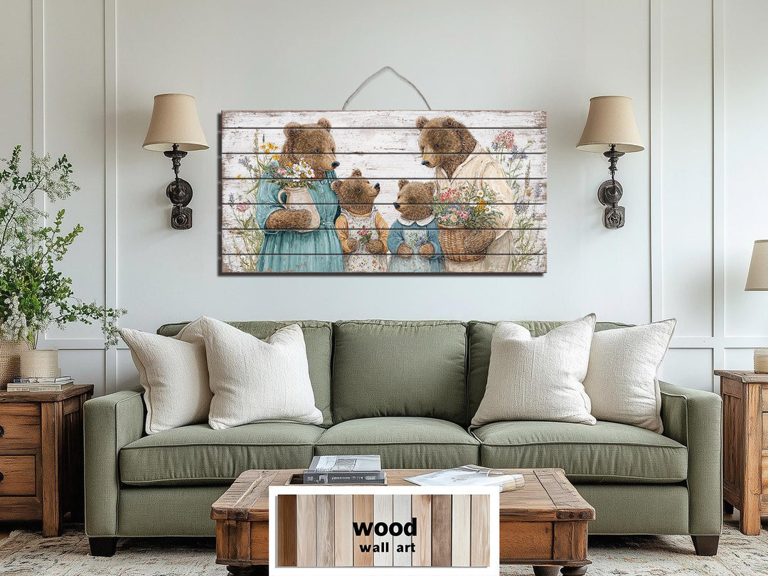 Large horizontal wood wall art featuring a charming bear family in a cottagecore nursery setting.