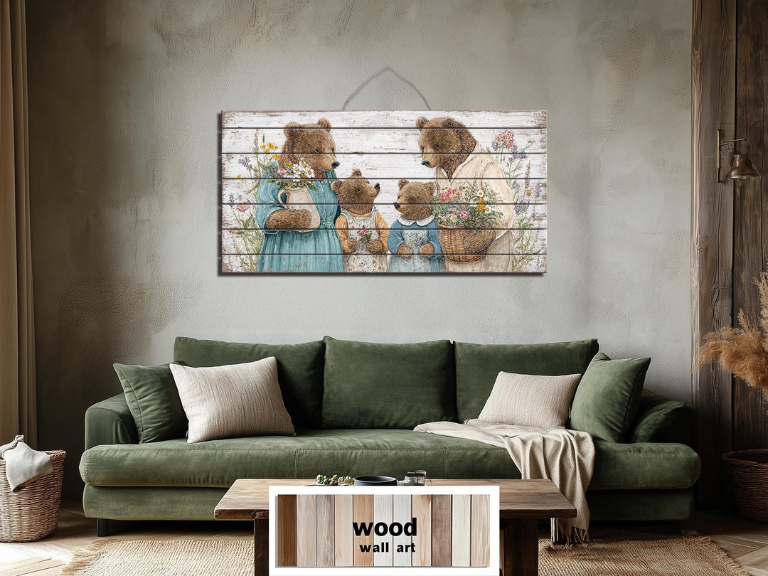 Large horizontal wood wall art featuring a charming bear family in a cottagecore nursery setting.