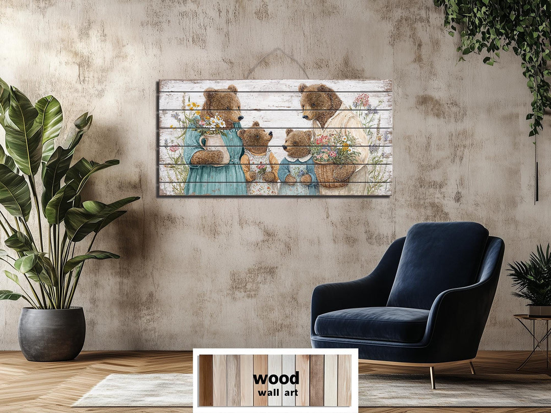 Horizontal wood wall art featuring a charming bear family in a cottagecore nursery setting.