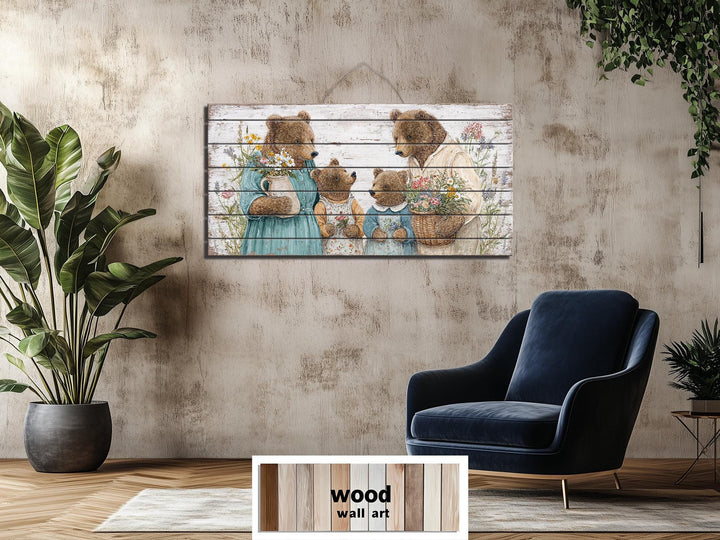 Horizontal wood wall art featuring a charming bear family in a cottagecore nursery setting.