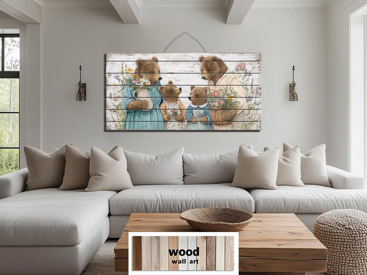 Horizontal wood wall art featuring a bear family with flowers in a rustic cottagecore style.