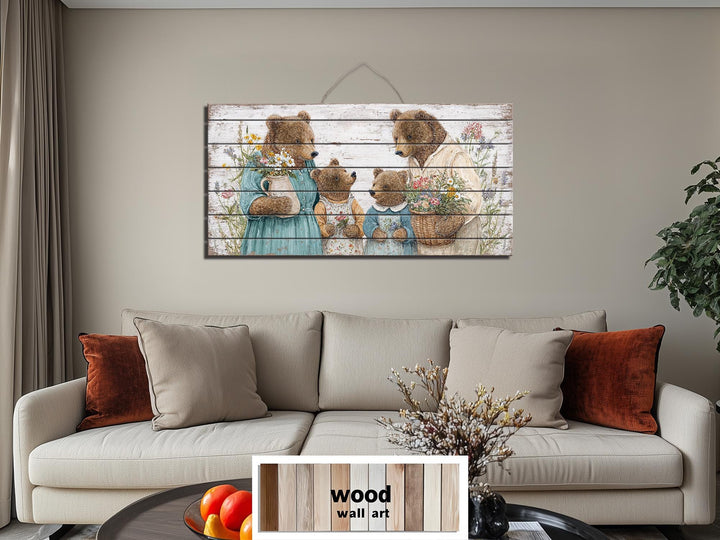 Large horizontal wood wall art featuring a charming bear family in a cottagecore nursery setting.