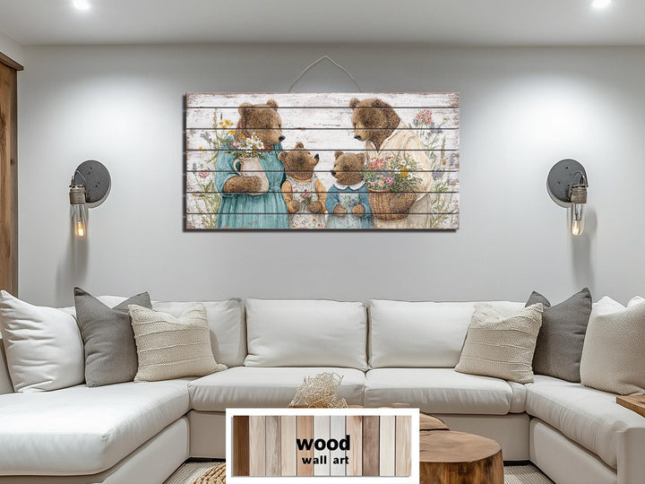 Large horizontal wood wall art featuring a bear family in a soft cottagecore nursery style.