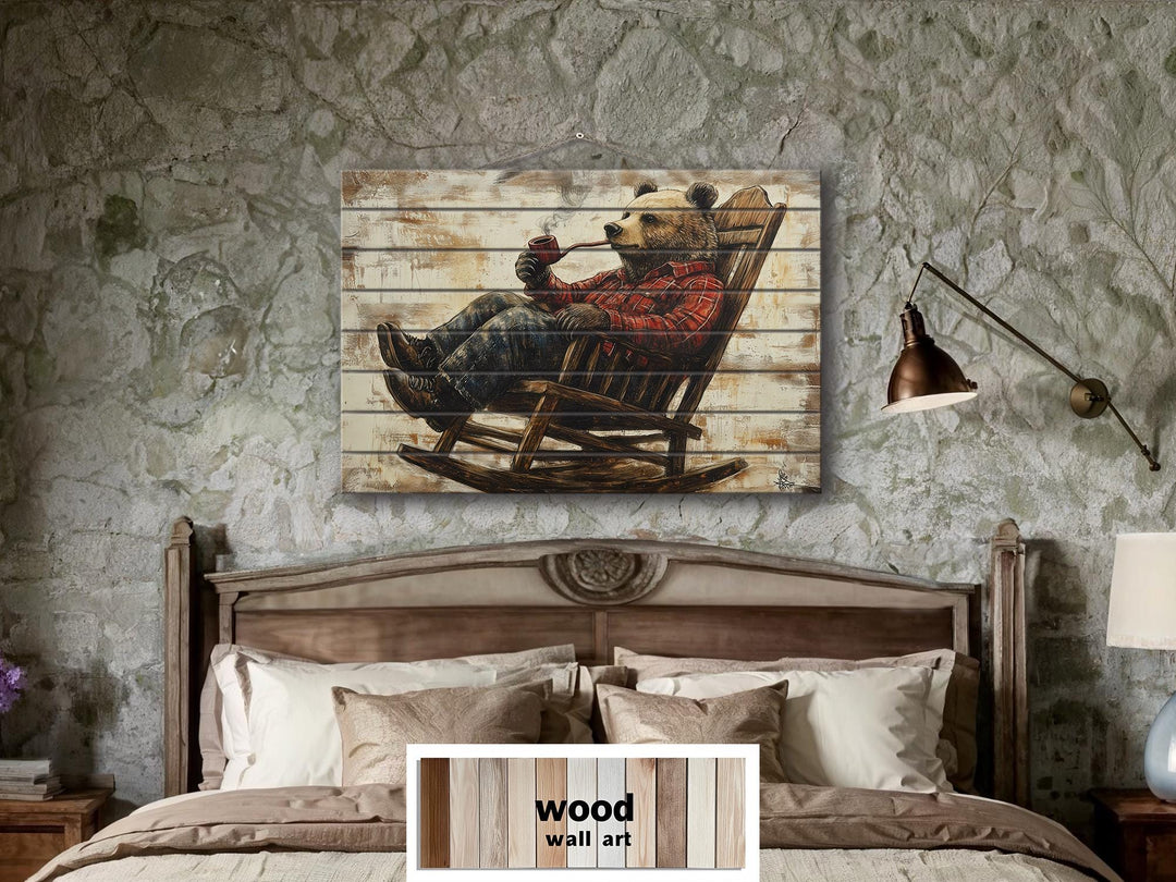 Bear In Armchair Smoking Pipe Distressed Wood Wall Decor For Cabin