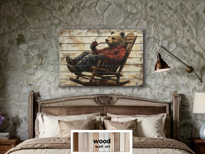 Bear In Armchair Smoking Pipe Distressed Wood Wall Decor For Cabin