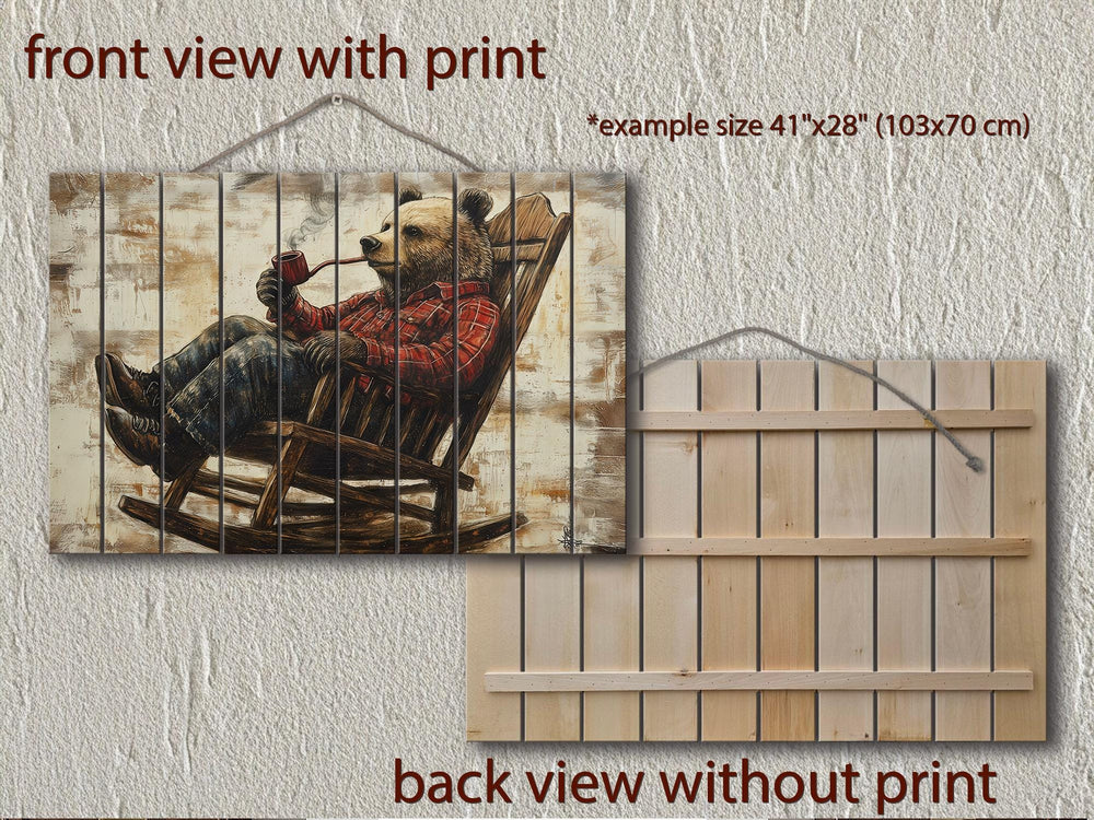Bear In Armchair Smoking Pipe Distressed Wood Wall Decor For Cabin