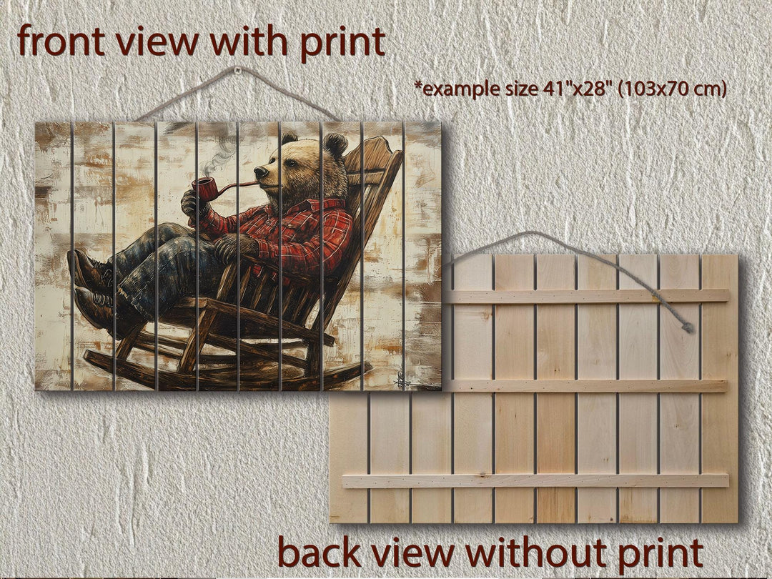 Bear In Armchair Smoking Pipe Distressed Wood Wall Decor For Cabin