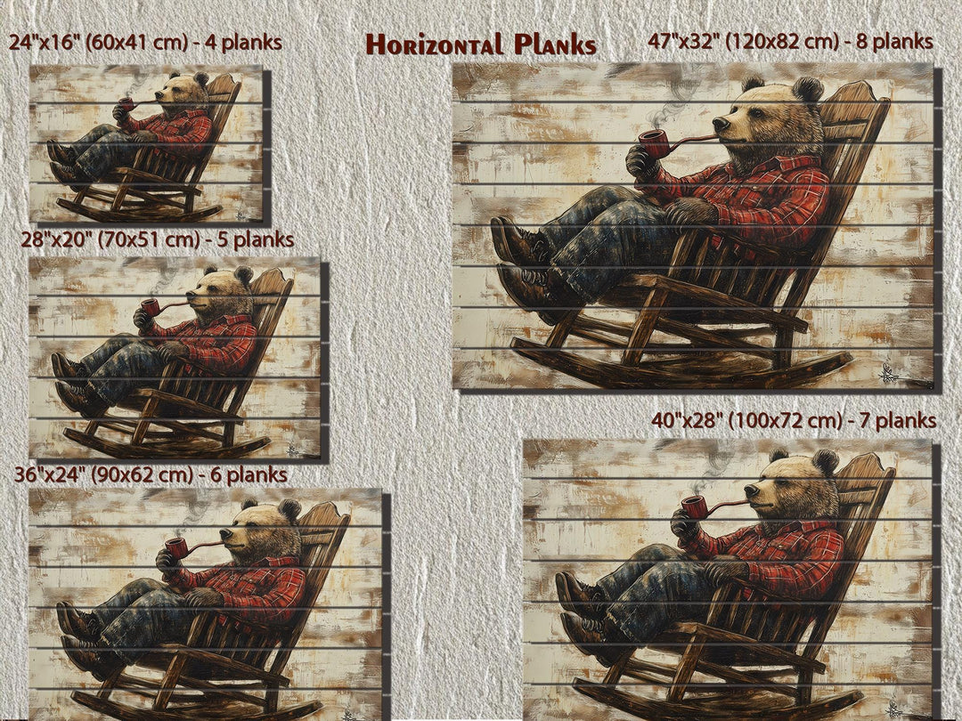 Bear In Armchair Smoking Pipe Distressed Wood Wall Decor For Cabin