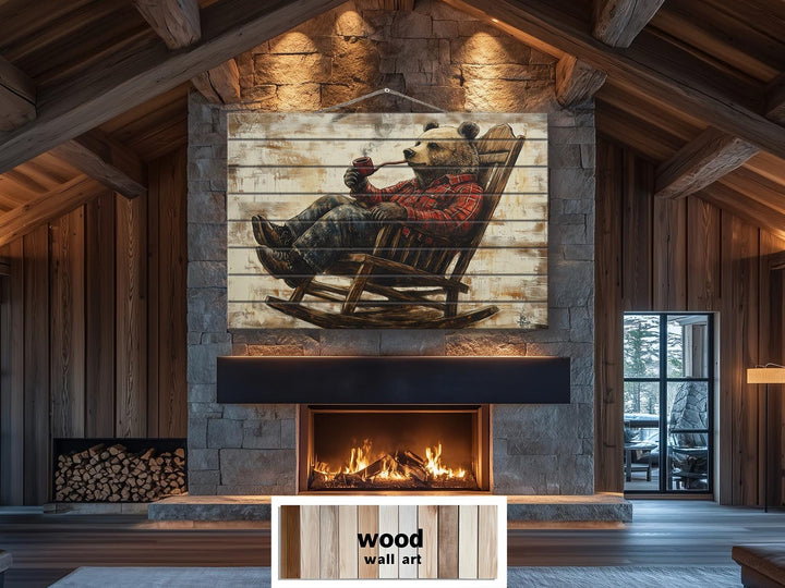 Bear In Armchair Smoking Pipe Distressed Wood Wall Decor For Cabin