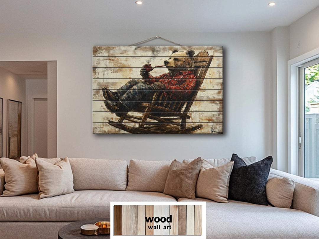 Bear In Armchair Smoking Pipe Distressed Wood Wall Decor For Cabin