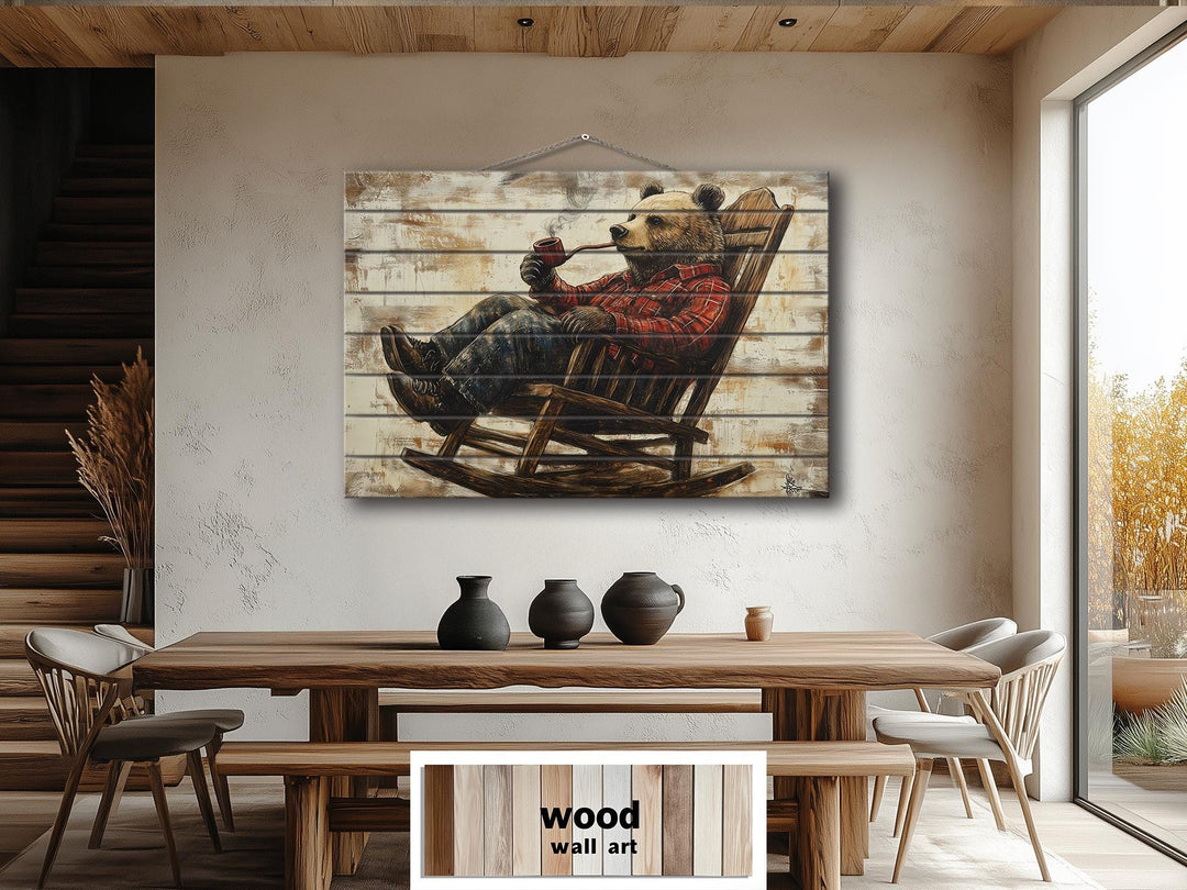 Bear In Armchair Smoking Pipe Distressed Wood Wall Decor For Cabin