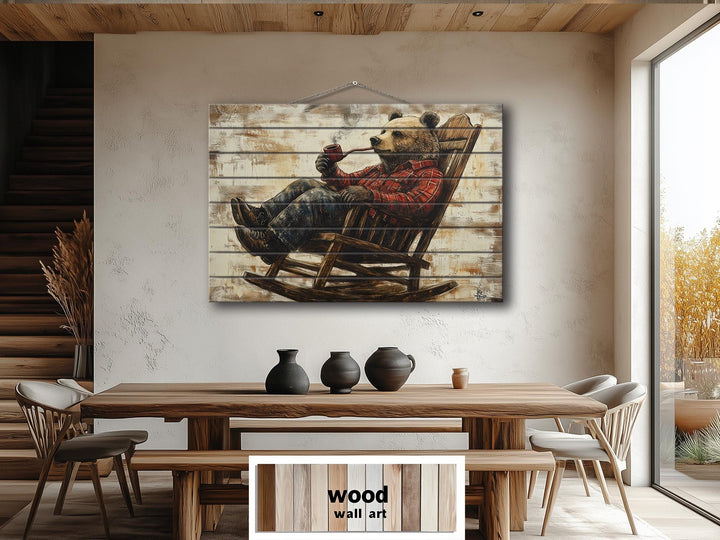 Bear In Armchair Smoking Pipe Distressed Wood Wall Decor For Cabin