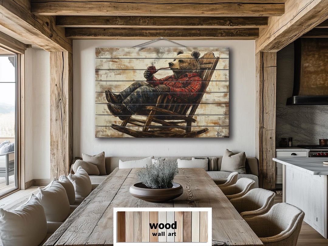 Bear In Armchair Smoking Pipe Distressed Wood Wall Decor For Cabin