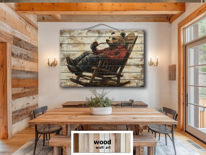 Bear In Armchair Smoking Pipe Distressed Wood Wall Decor For Cabin