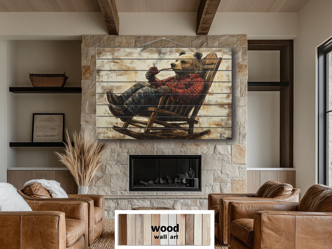 Bear In Armchair Smoking Pipe Distressed Wood Wall Decor For Cabin