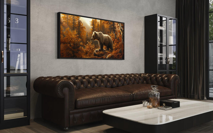 Bear In Autumn Forest Photo Style Painting Canvas Wall Art