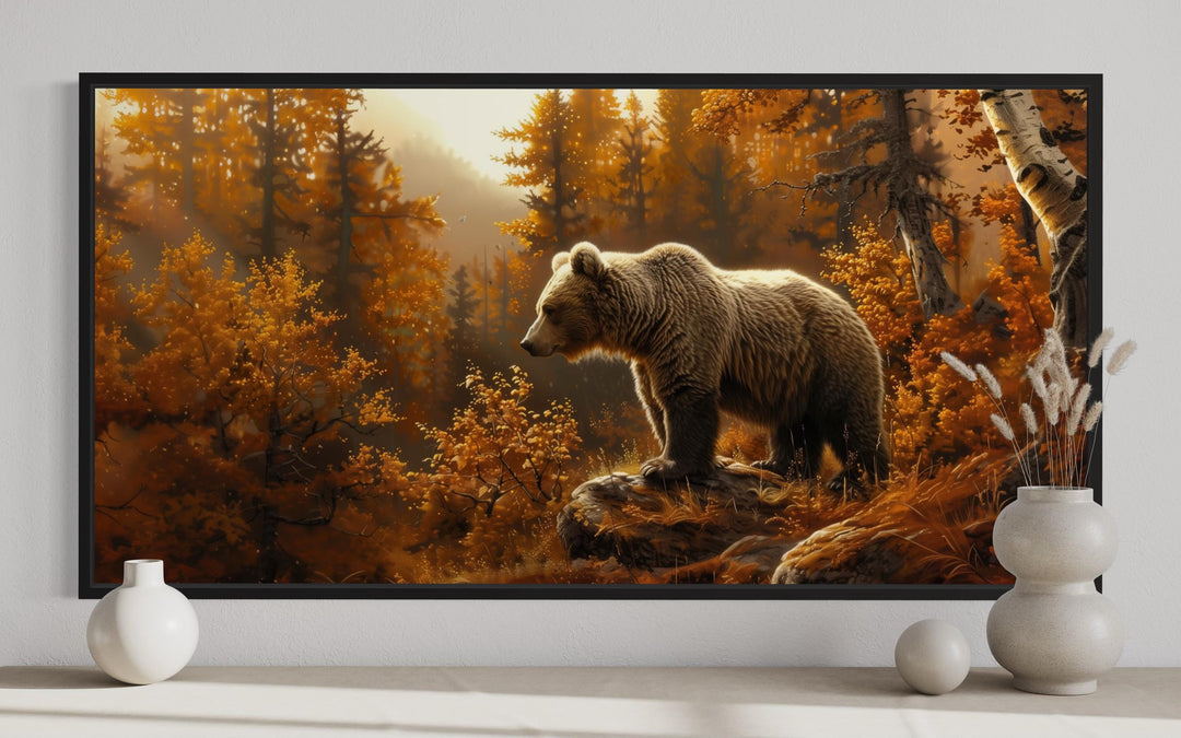 Bear In Autumn Forest Photo Style Painting Canvas Wall Art