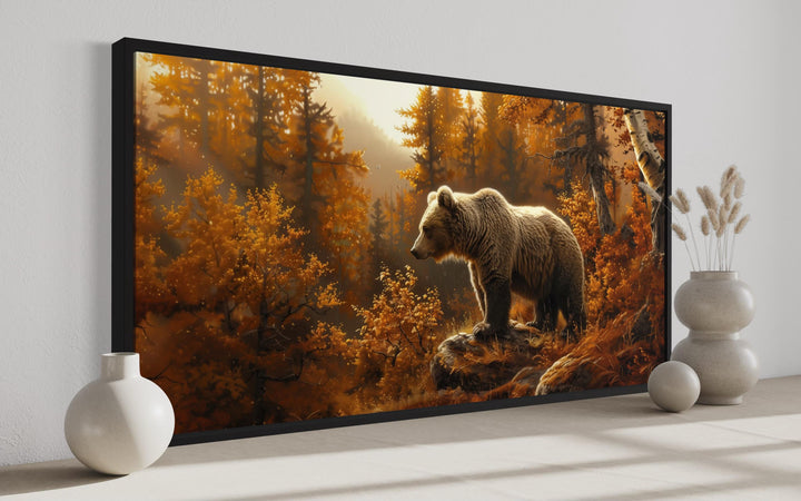 Bear In Autumn Forest Photo Style Painting Canvas Wall Art