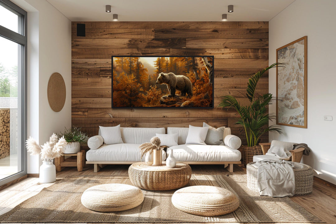 Bear In Autumn Forest Photo Style Painting Canvas Wall Art