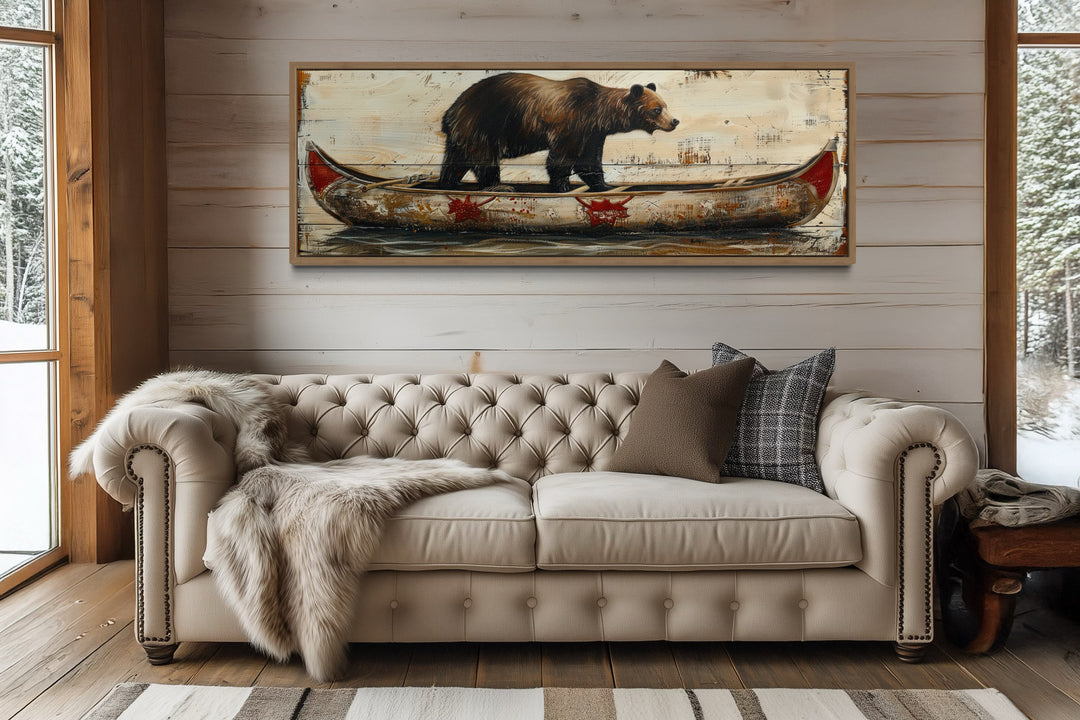 Rustic Cabin Wall Decor - Bear In Canoe Long Horizontal Framed Canvas Wall Art For Cabin Decor