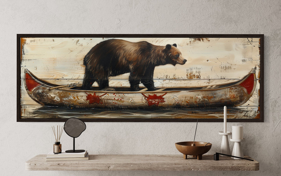 Bear In Canoe Long Horizontal Framed Canvas Wall Art For Cabin Decor