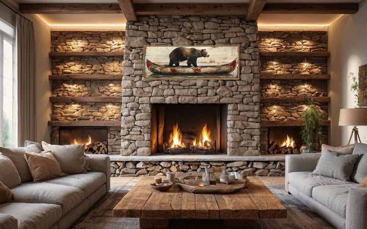 Bear In Canoe Long Horizontal Framed Canvas Wall Art For Cabin Decor