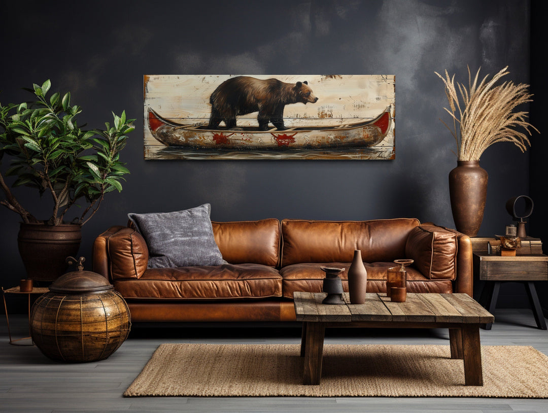 Rustic Cabin Wall Decor - Bear In Canoe Long Horizontal Framed Canvas Wall Art For Cabin Decor